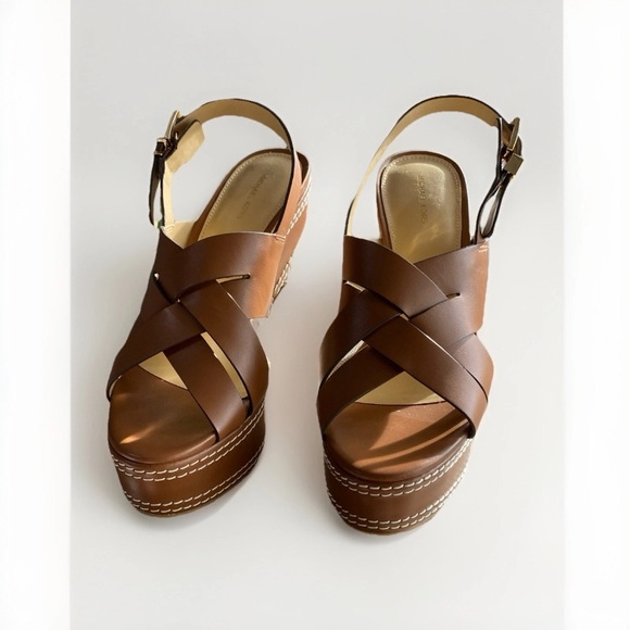 Michael Kors Shoes - Michael Kors NORA Brown Leather Wedge Sandals NWOT